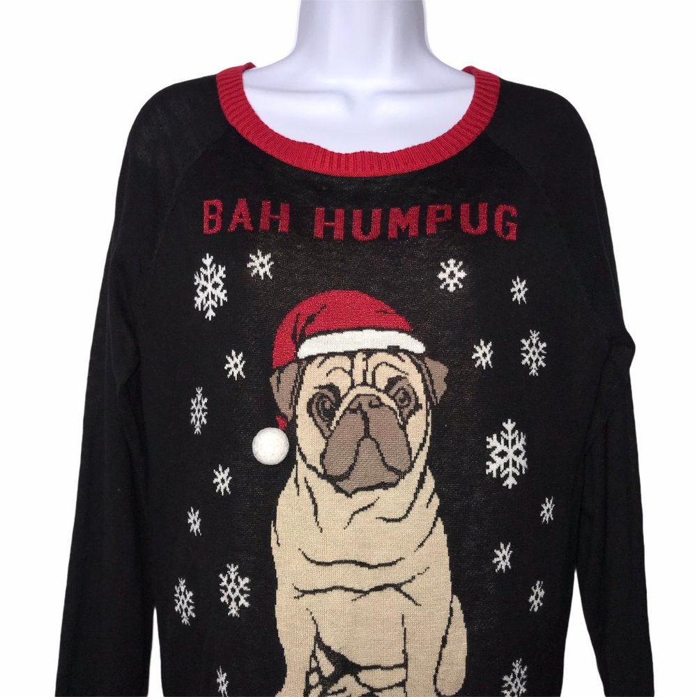 Well Worn Lightweight Pug Bahumpug Ugly Christmas Holiday Pullover Sweater L - Picture 2 of 8